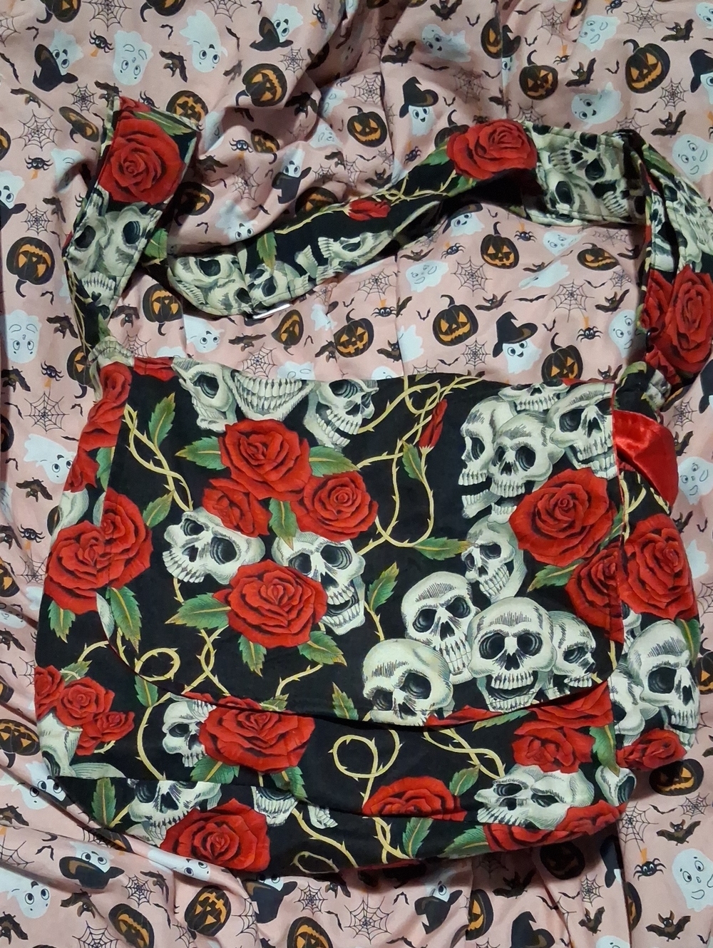 Handemade Skull & Red Rose Crossbody Bag